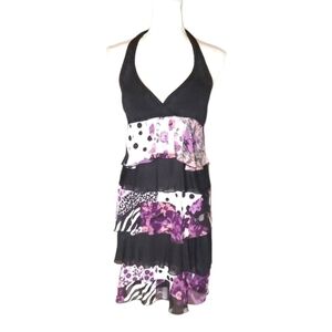 Women's Hot Kiss Y2k Purple Floral Chiffon Dress  M Halter Tie Backless zebra